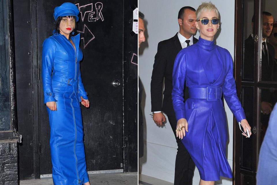  Not everyone can rock royal blue, but if there's anyone that's going to, it's got to be these two. We think Katy took inspo from Gaga's blue belted look and gave it a modern twist for her night out at the Le Meurice Hotel in Paris back in 2017.