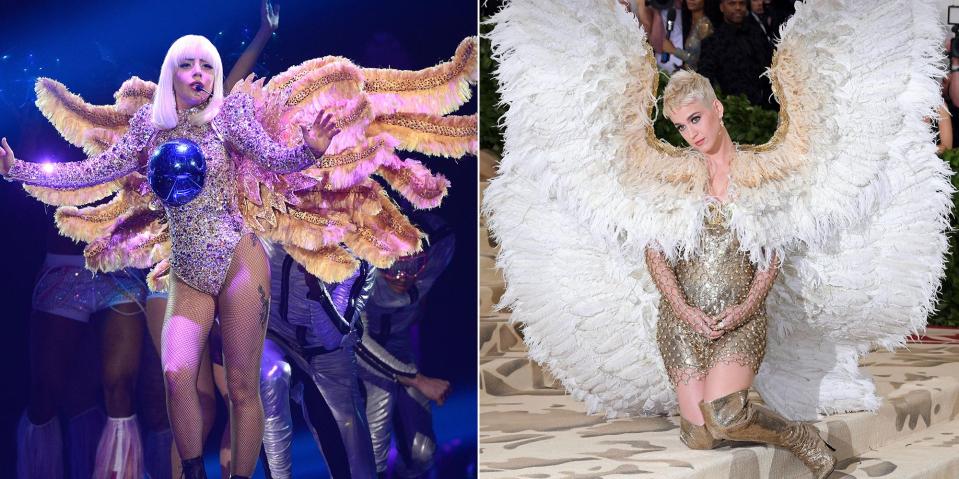  Angel wings? Of course Gaga's done it. Back in 2014 at a Vegas show, actually. Katy banked the look for the Met Gala this year.