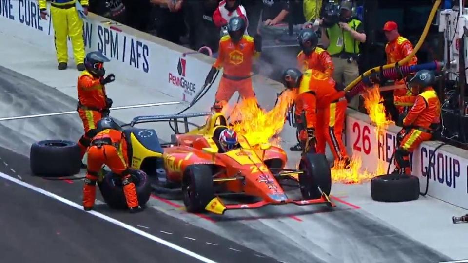  Zach Veach's car caught fire as he pulled away from the pits at the Indy 500