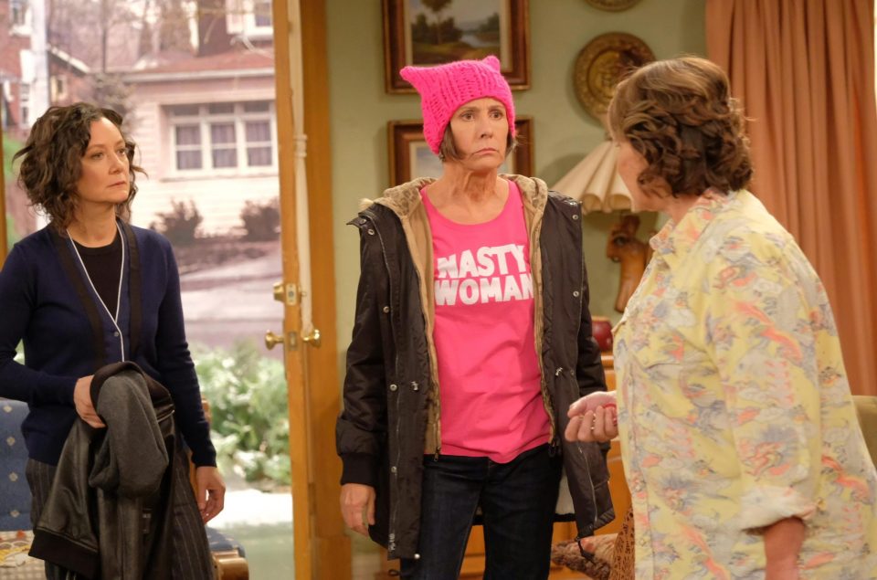  Roseanne onscreen with Sara Gilbert, left, and Laurie Metcalf as Jackie on the Roseanne reboot