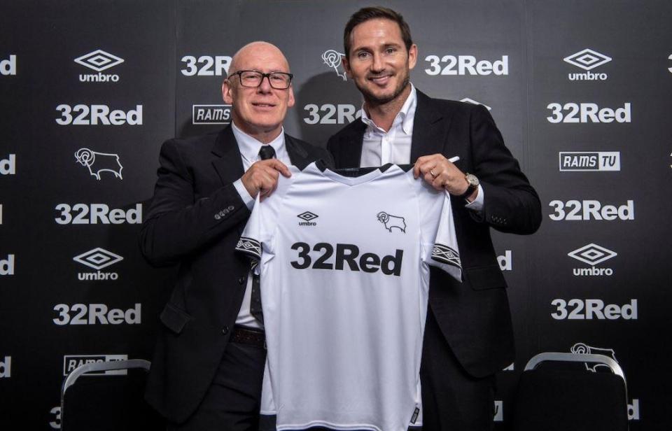  Frank Lampard, pictured with owner Mel Morris, upon being confirmed as Derby manager