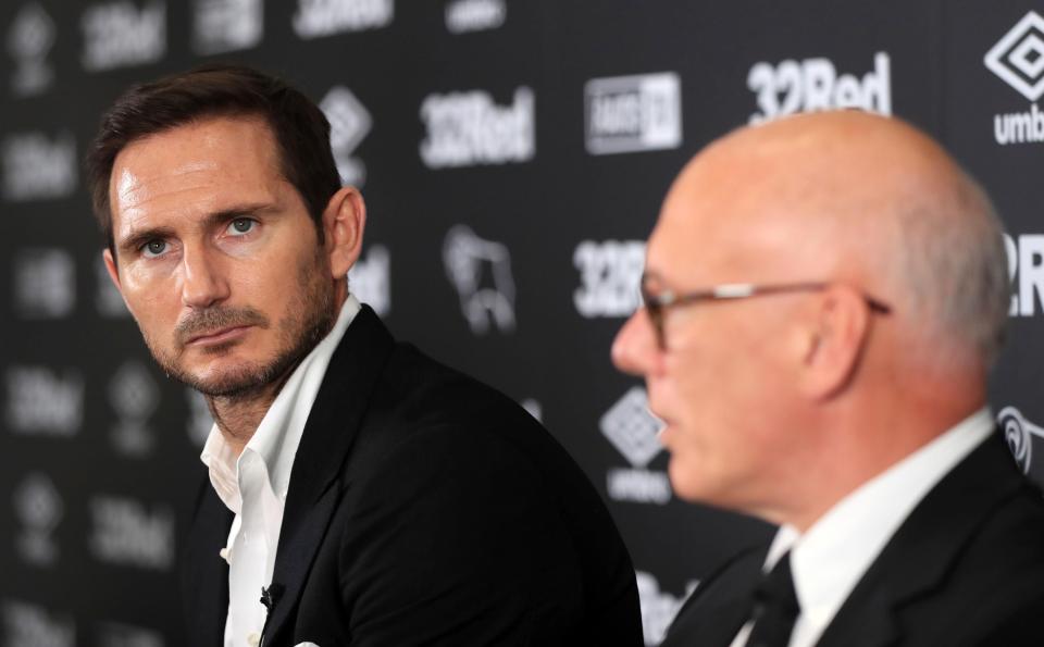  Frank Lampard and owner Melvyn Morris during the press conference at Pride Park