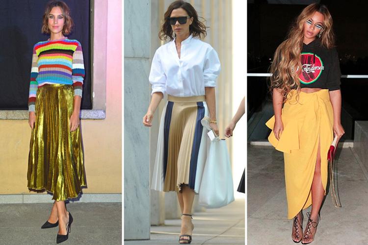 Rocking midi skirts in different ways is Alexa Chung in Gucci, Victoria Beckham in her own brand and Beyonce in Jacquemus and JW Anderson