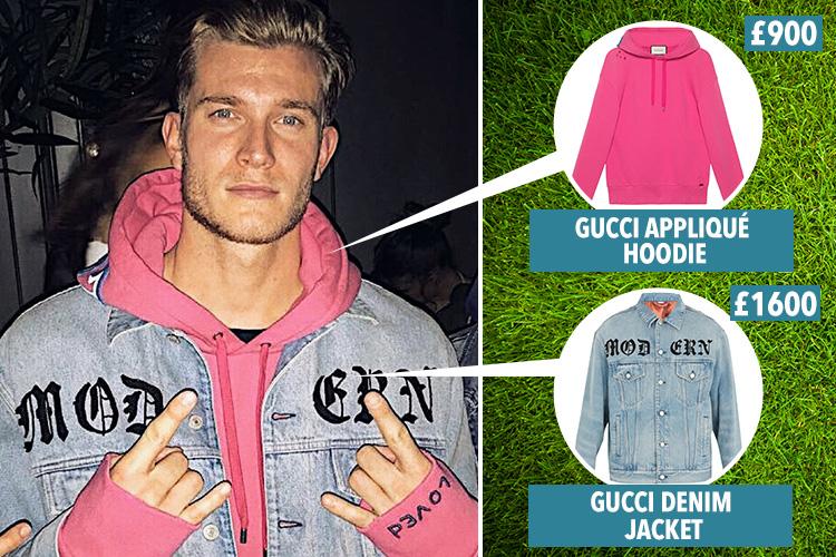  Loris Karius wearing double Gucci - a denim jacket layered over a hoodie - worth £2500