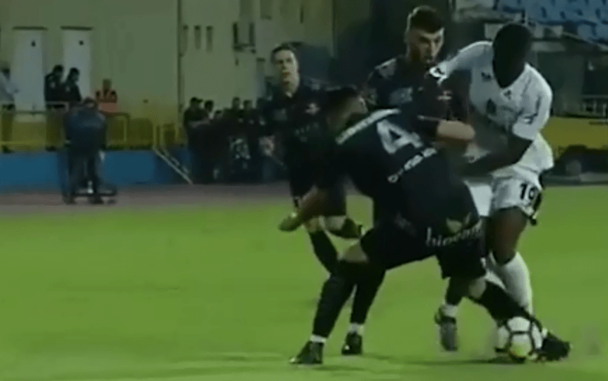 Inout Stoica is pulled up for a foul during Romanian Cup final