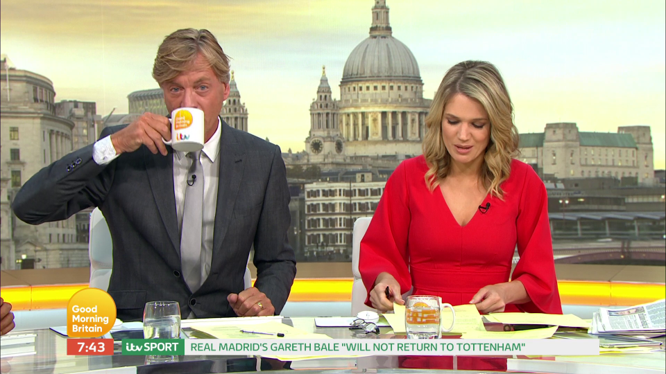  The husband of Judy Finnigan took a sip of tea after the icy end to the segment as Charlotte Hawkins shuffled her notes