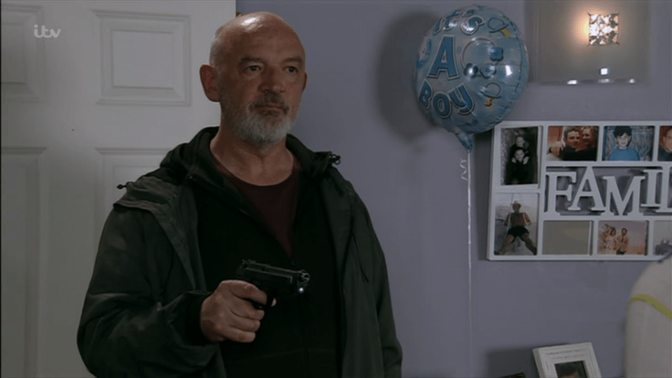  Phelan brandished a gun at Eileen as he demanded to see his grandson on last night's Coronation Street