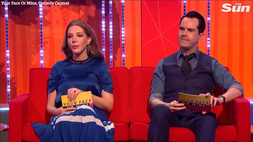  Presenters Katherine Ryan and Jimmy Carr joke she has been having an affair