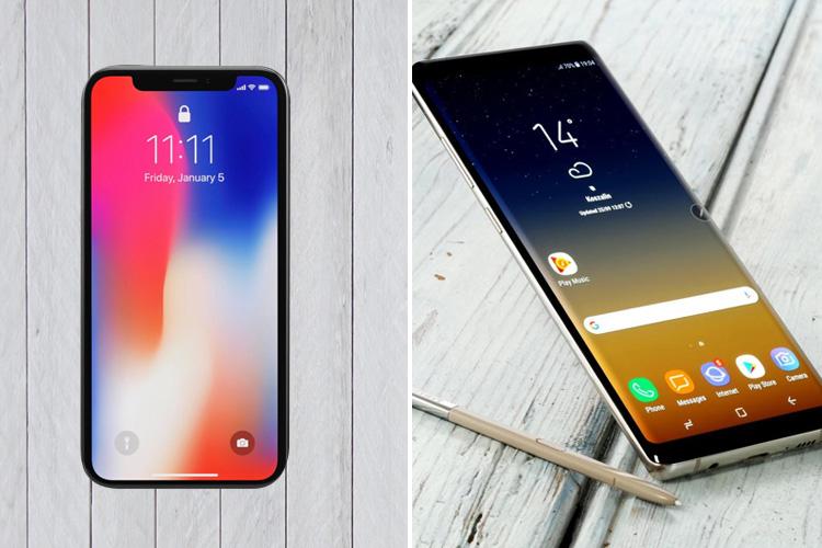  Left is Apple's £999 iPhone X, and right is Samsung's £869 Galaxy Note 8