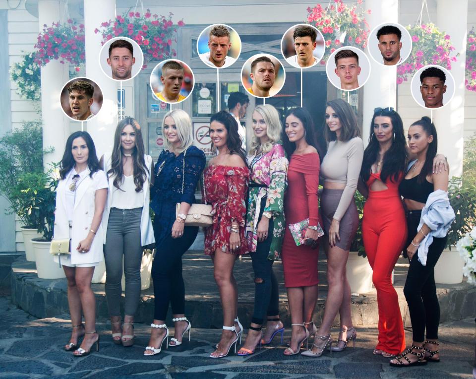  England's Wags line up (partner in brackets): Millie Savage (John Stones), Gemma Acton (Gary Cahill) Megan Davison (Jordan Pickford), Rebekah Vardy (Jamie Vardy), Annabel Peyton (Jack Butland), Fern Hawkins (Harry Maguire), Shannon Horlock (Nick Pope), Annie Kilner (Kyle Walker) and Lucia Loi (Marcus Rashford)