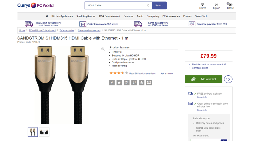  The pricey TV cable sells in store for £79.99 online and in stores