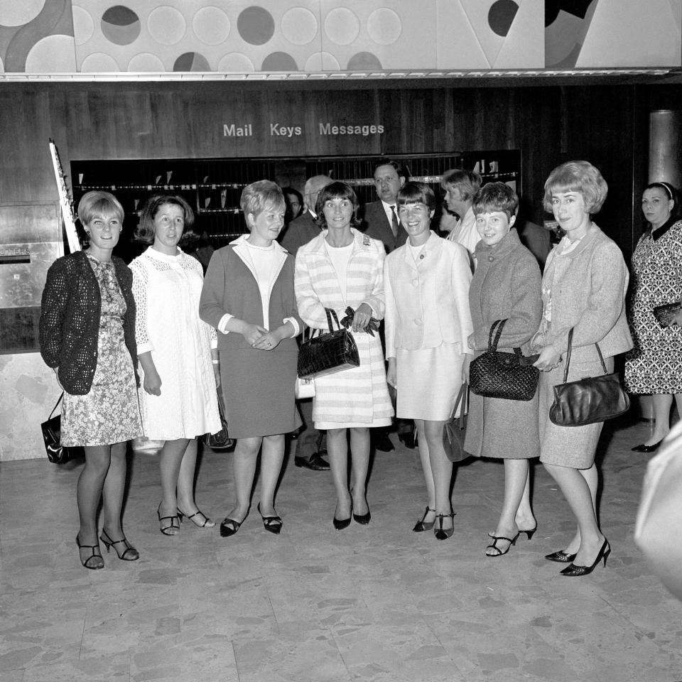  Showgirls ... from left, Lesley Newton (fiancée to Alan Ball), Judith Hurst (wife to Geoff Hurst), Kay Stiles (Nobby Stiles), Norma Charlton (Bobby Charlton), Pat Wilson (Ray Wilson), Carol Paine (Terry Paine) and Ursula Banks (Gordon Banks) before Minstrel show