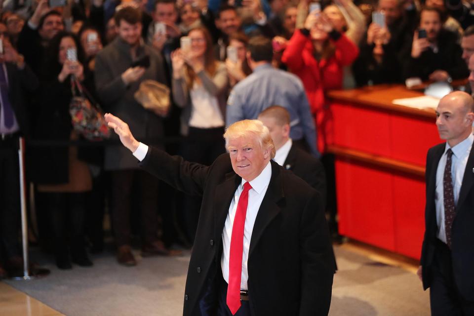  Donald Trump in the lobby of the New York Times following a meeting with the editors in November 2016