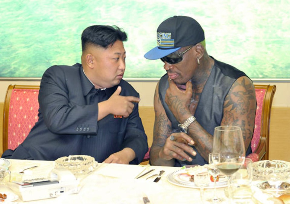 Kim Jong-un exchanges banter with for Dennis Rodman during a dinne