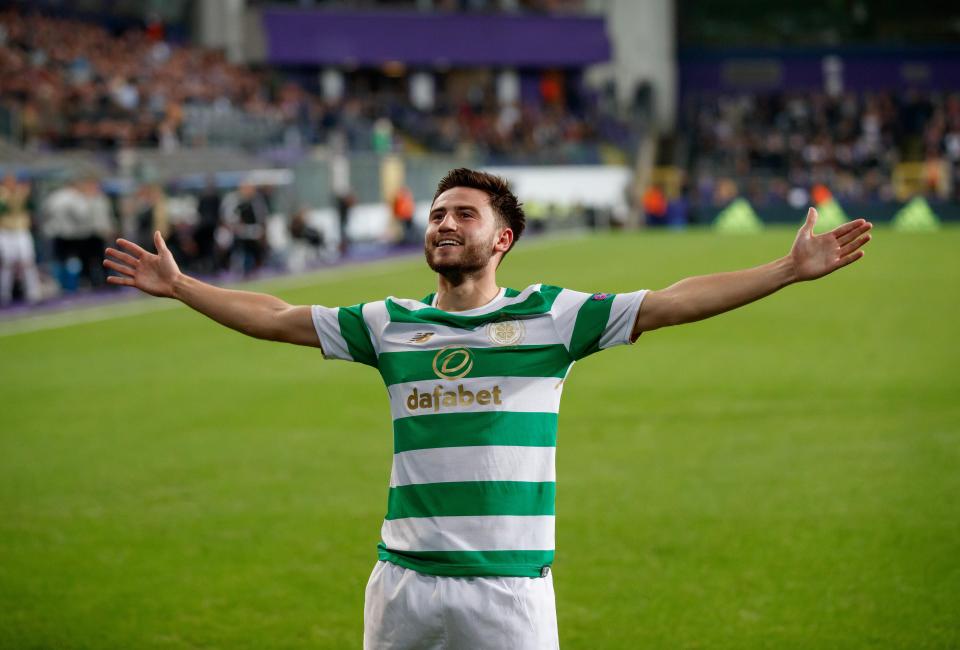  Patrick Roberts celebrates scoring for Celtic at Anderlecht