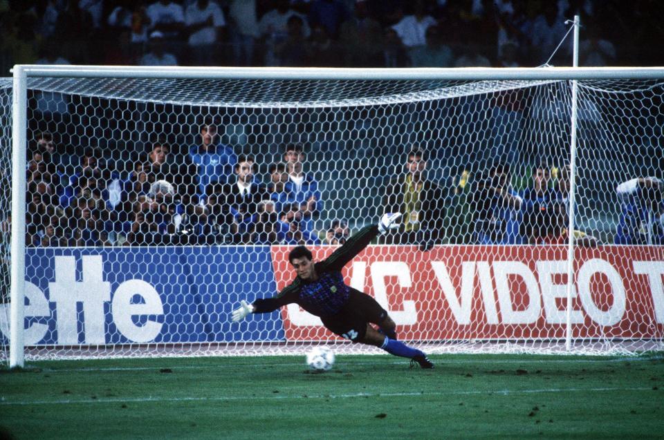  Sergio Goycochea dives in vain to save Andreas Brehme's penalty