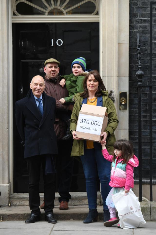  Alfie, his sister Annie, parents Drew and Hannah were joined by actor Sir Patrick Stewart as they handed in a petition to Downing Street in March