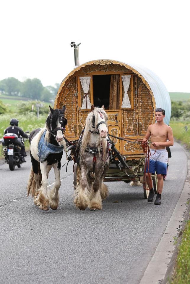  The 2018 crowd are primed and ready for another week of fun and frolicking - with the fair officially kicking off on Thursday. Pictured: A traveller leads his horses along the A35 in Clapham, North Yorkshire, en route to the festival ground