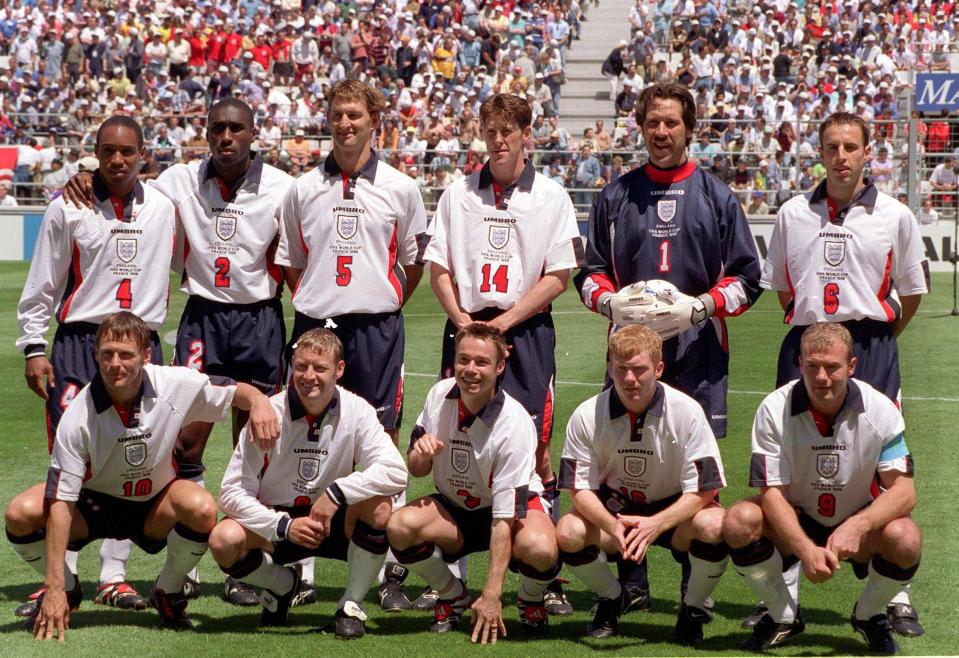  England's 1998 World Cup team against Tunisia featured a young Gareth Southgate, standing far right behind captain Alan Shearer