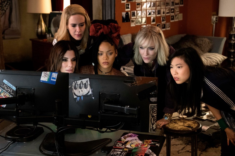 Sandra Bullock Sarah Paulson, Rihanna, Cate Blanchett and Awkwafina in a scene from the smart and funny Ocean’s 8 in which their characters hatch a plot to steal Cartier’s £114million Toussaint necklace