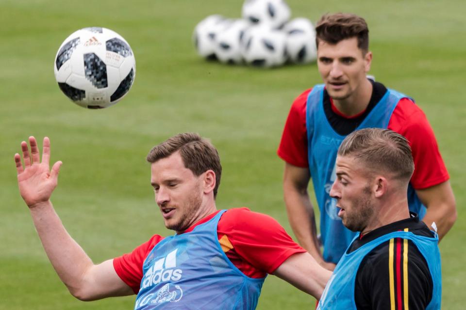  Toby Alderweireld with club and country team-mate Jan Vertonghen in training ahead of Panama game