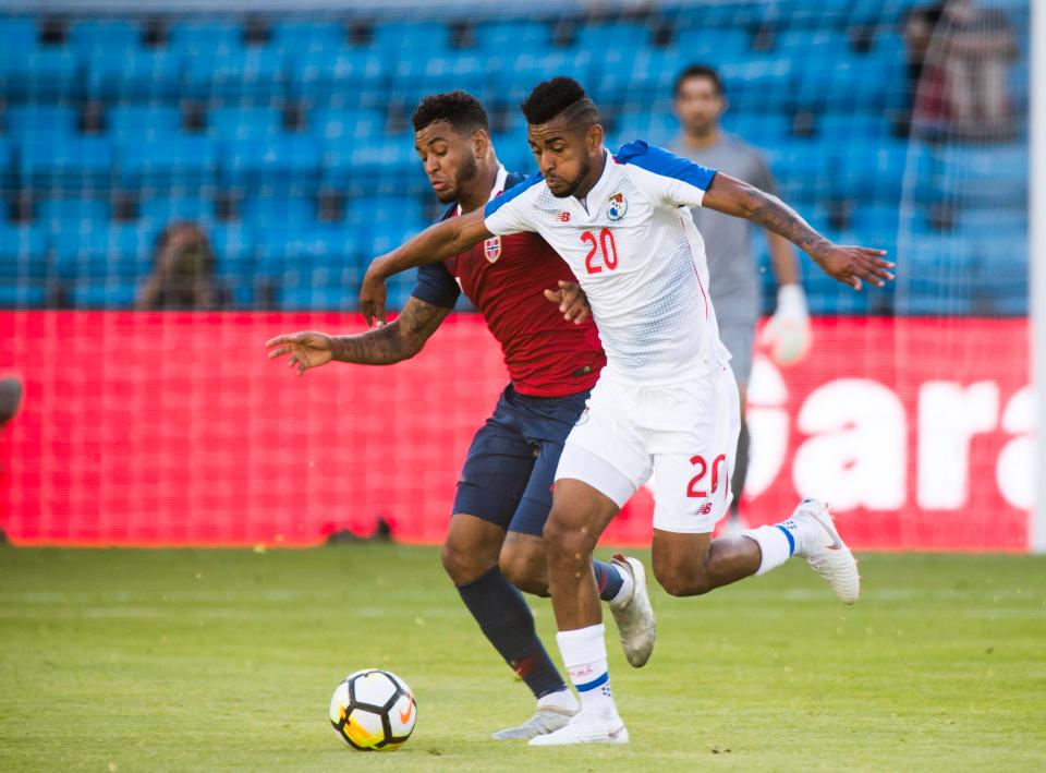  Norway scorer Joshua King and Panama's Anibal Godly in action at Ullevaal Stadium