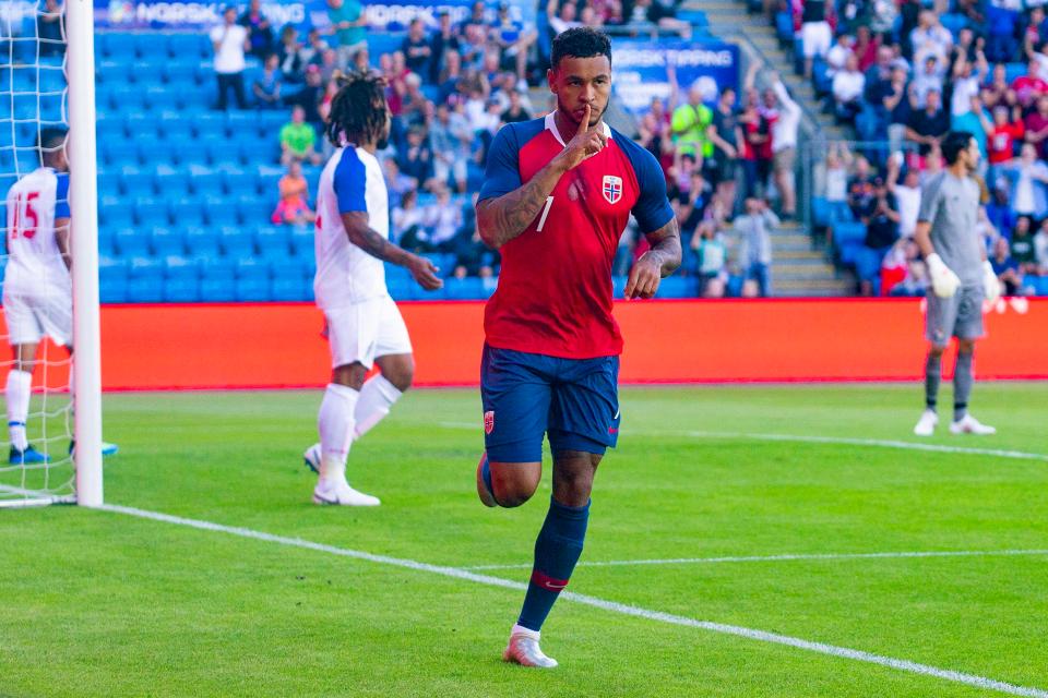  Norway striker Joshua King celebrates his fourth-minute goal