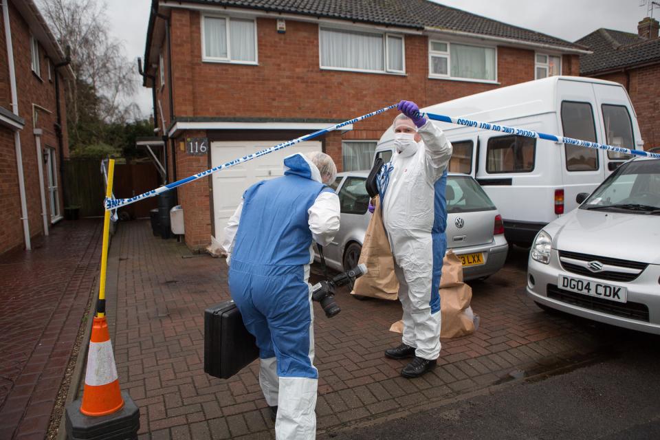  Forensics officers at the scene in Cloverdale, Worcs in the aftermath of the stabbing