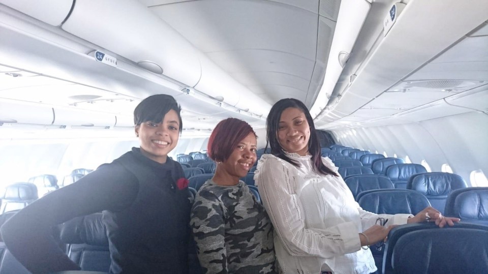 All aboard…. Yvette and Peaches pose for a selfie with stewardess on deserted jumbo