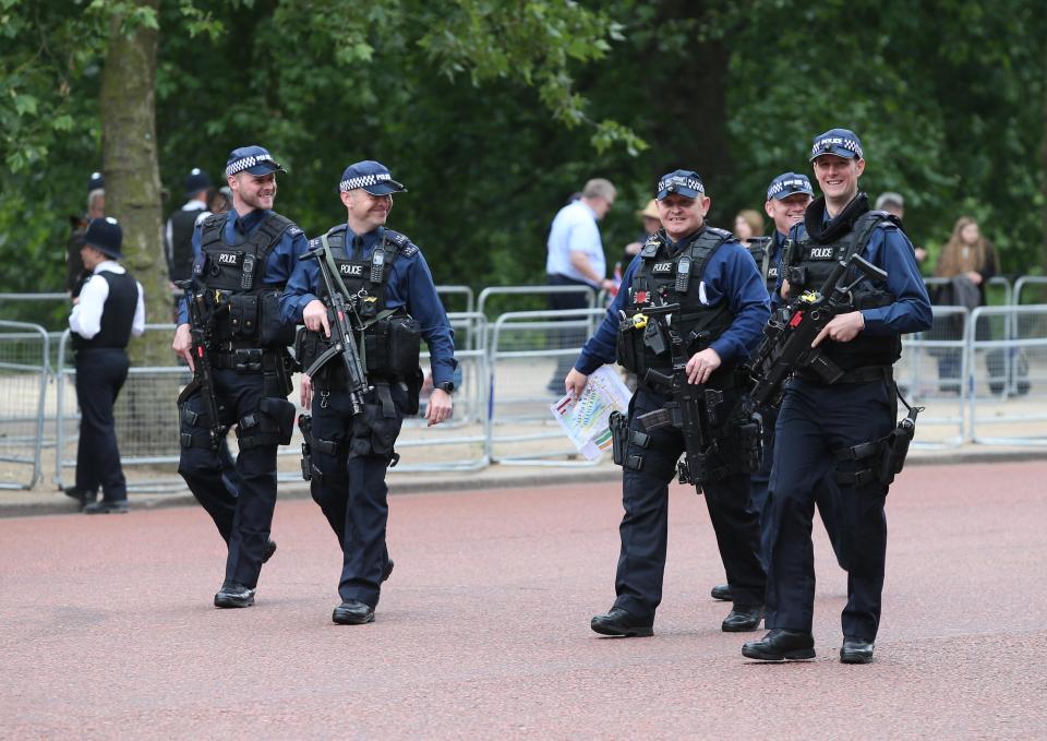  Armed police (pictured) on patrol this morning for the traditional Trooping the Colour ceremony