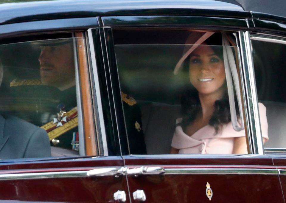  Newlyweds Meghan Markle and Prince Harry arriving to attend the Trooping the Colour ceremony today