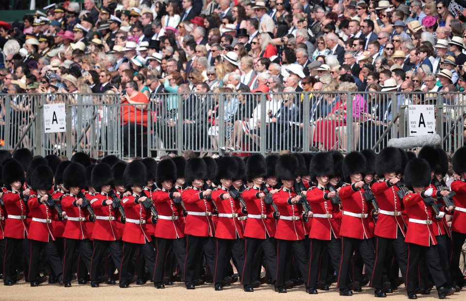  Members of the queen's personal troops, the Household Division march at The Royal Horseguards during Trooping The Colour ceremony