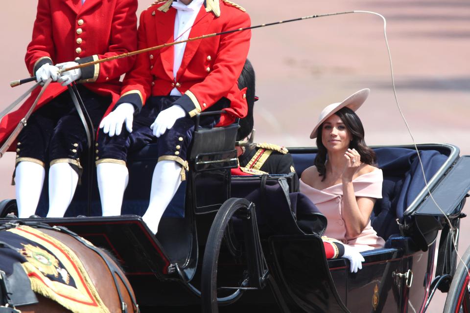  The Duchess of Sussex arrives for the ceremony to mark the Queen's official birthday