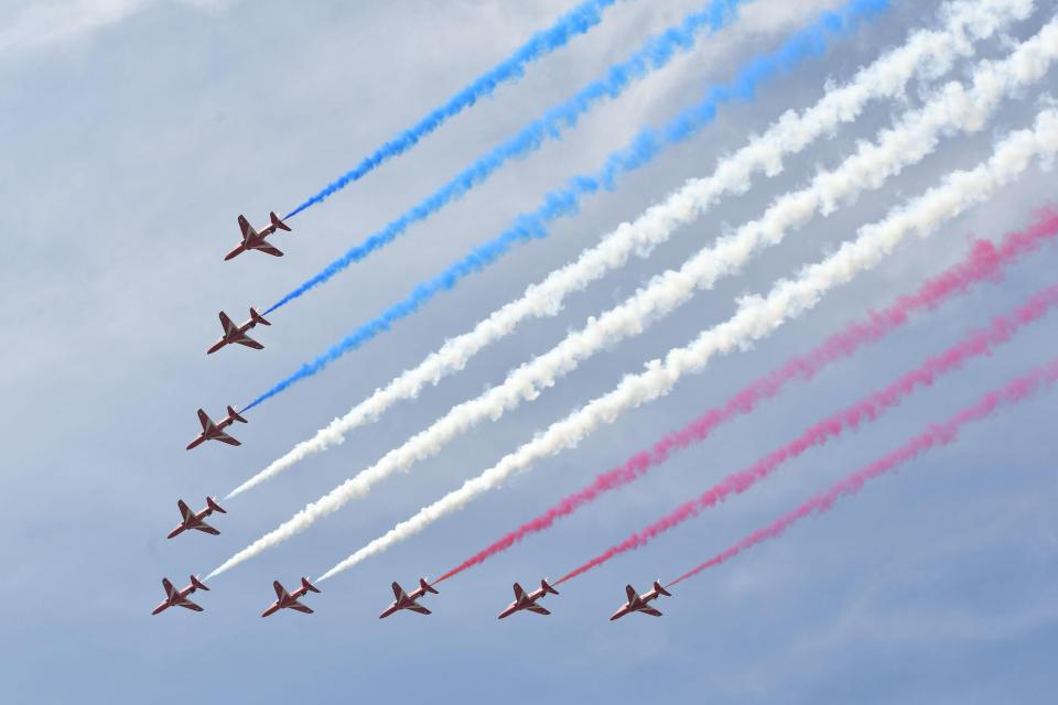  RAF Red Arrows during a flypast over Buckingham Palace, in central London, following the Trooping the Colour ceremony