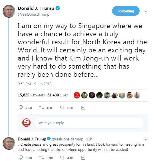  The US President was in a positive mood before flying out to Singapore