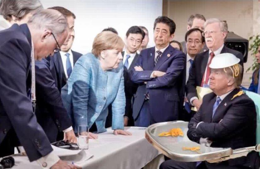  Donald Trump appears child-like in the original image, with Merkel looking at him in disbelief