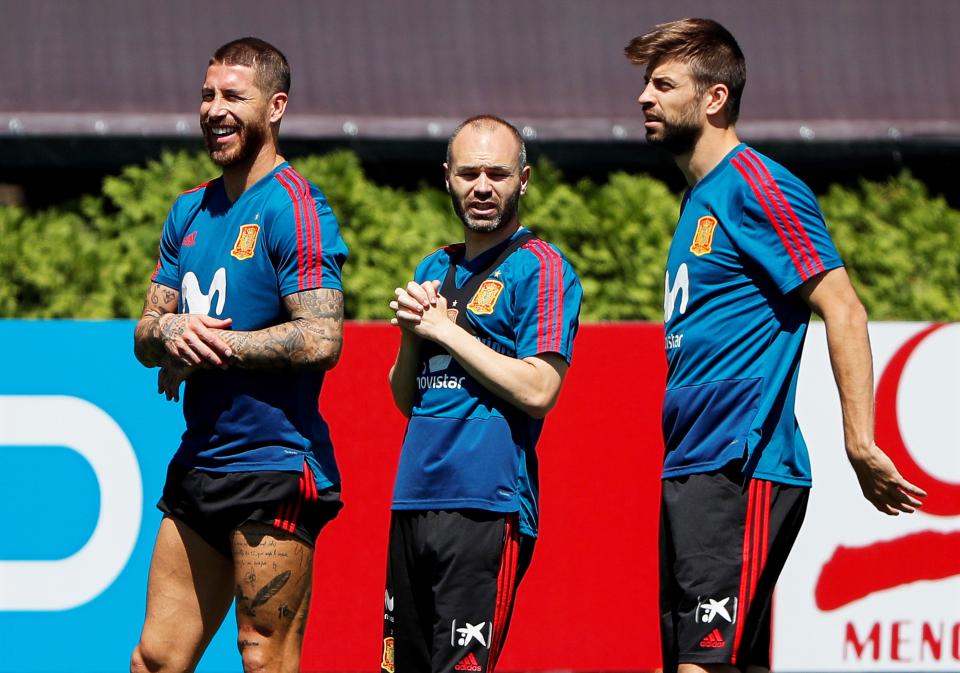  Sergio Ramos, Andres Iniesta and Gerard Pique in training