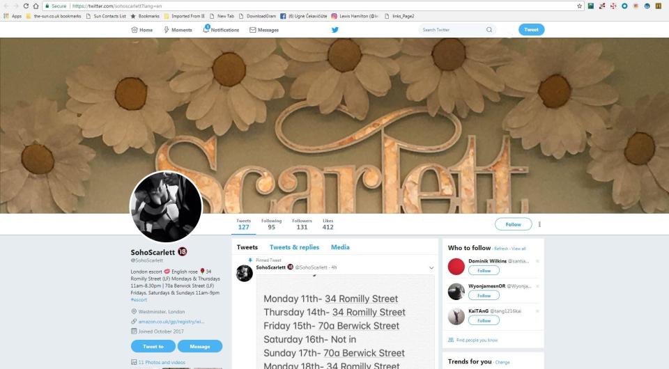  Scarlett's Twitter page has her reviews of clients, last night she denied meeting Sir Martin