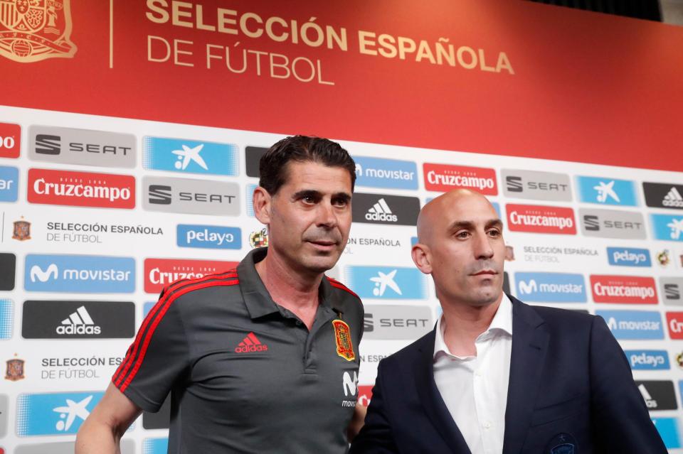  New Spain coach Fernando Hierro poses with Spanish FA chief Luis Rubiales