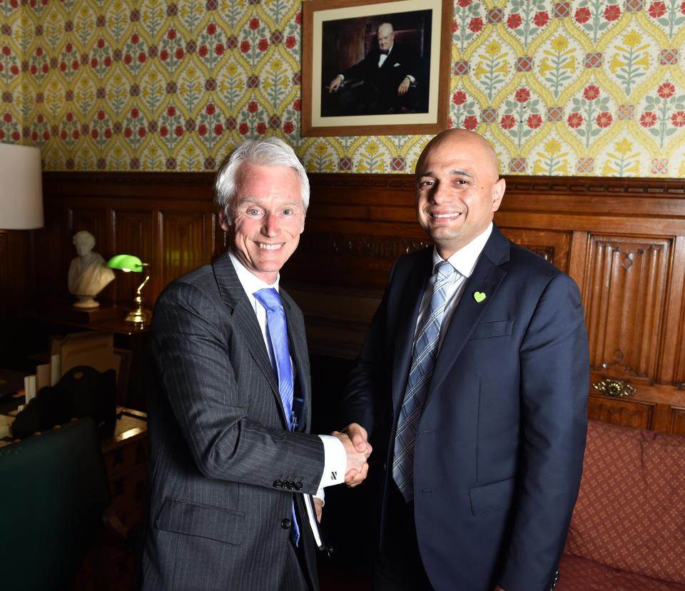  Home Secretary Sajid Javid will announce a major clampdown on the sale of knives. He is pictured with Sun on Sunday political editor David Wooding