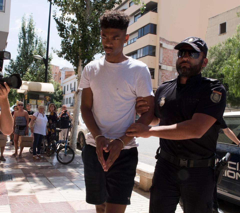  Charlton professional footballer Recco Hackett -Fairchild arrives at the court in Ibiza. Allegedly, three men were involved in the assault