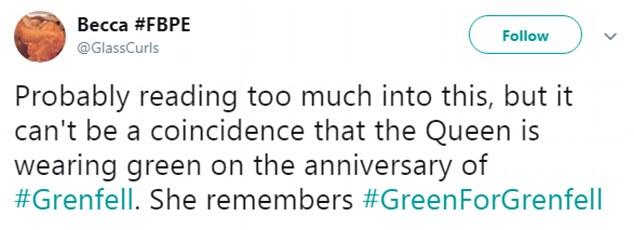  Others pointed out it was too much of a coincidence for the Queen to have chosen the green colour without knowing it was the anniversary of Grenfell