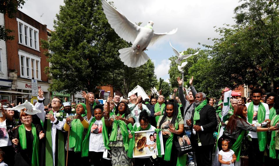  Doves are released during commemorations to mark the first anniversary of the Grenfell Tower fire