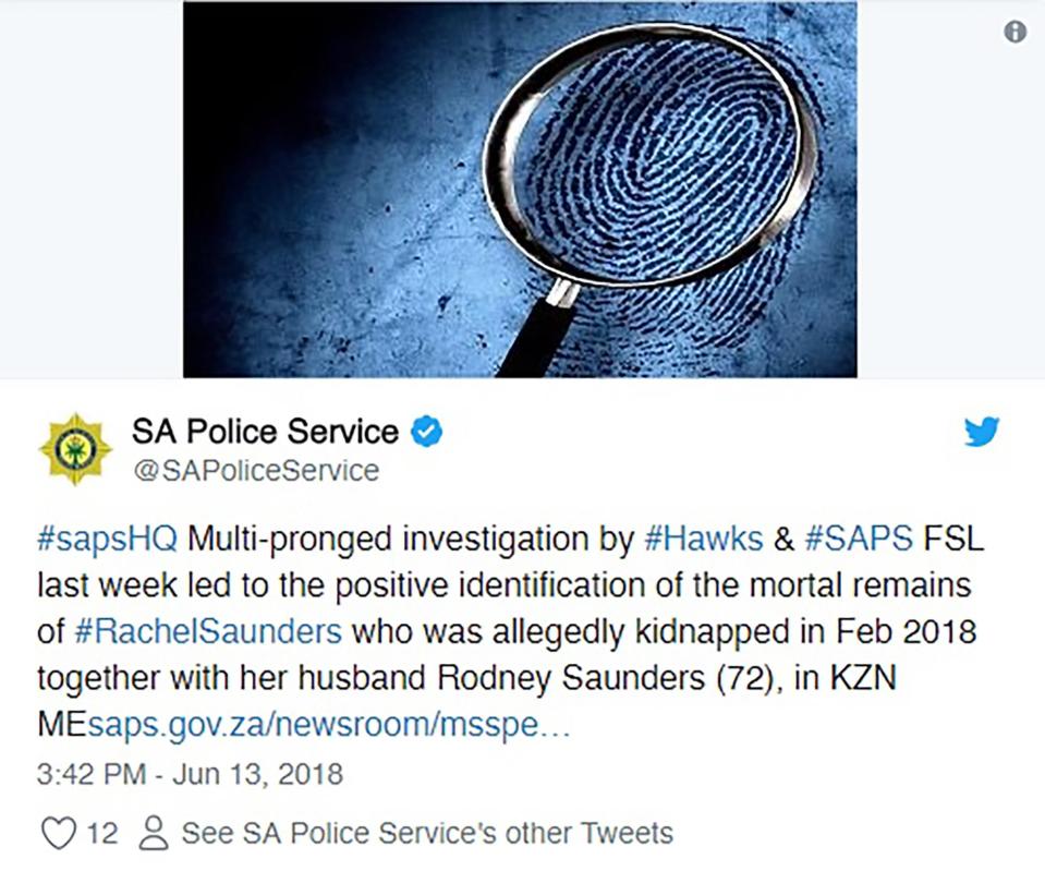  South African police announced that Rachel Saunders 'mortal remains' had been identified on Wednesday, June 13, her husband's remains were discovered in a South African river in April