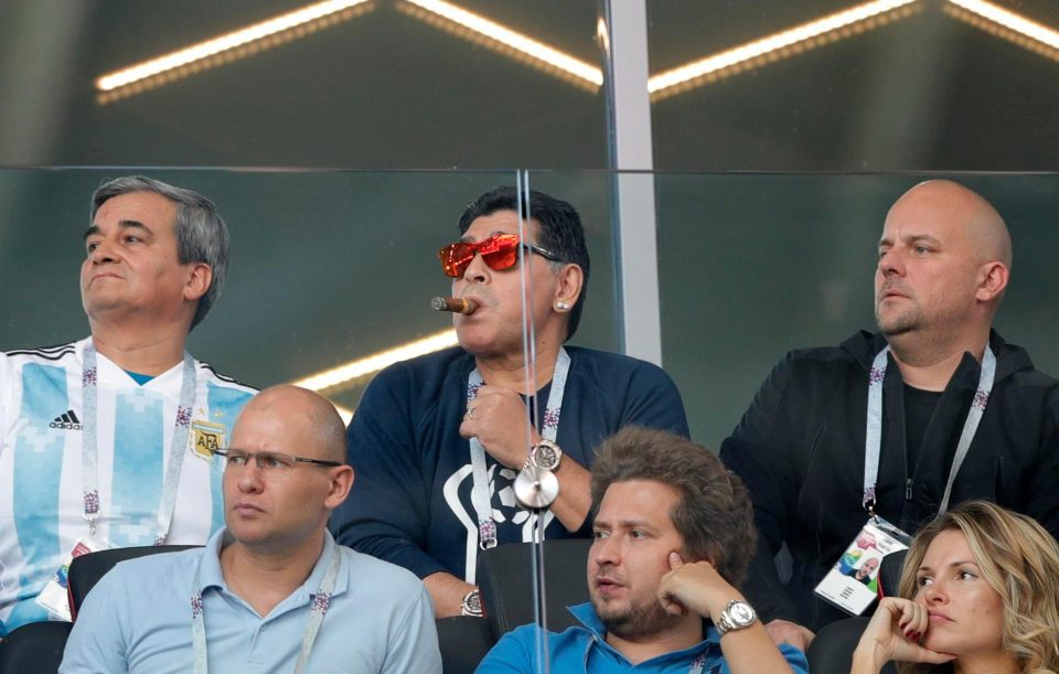  Legend Diego Maradona looks on during the 1-1 draw between Argentina and Iceland