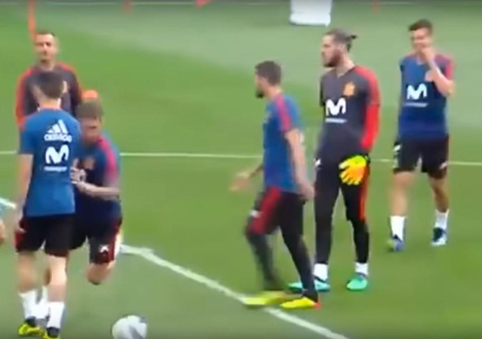  Spanish international Sergio Ramos appeared to mock Cristiano Ronaldo during training today