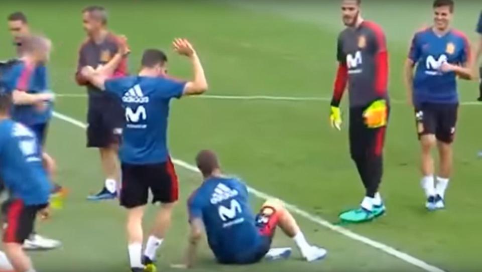  Nacho protested his innocence, as his team-mates David De Gea and Cesar Azpilicueta found the funny side