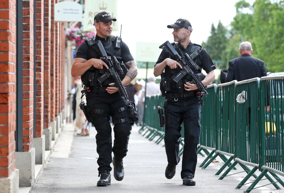  Armed cops patrol at Royal Ascot racecourse in Berkshire, today