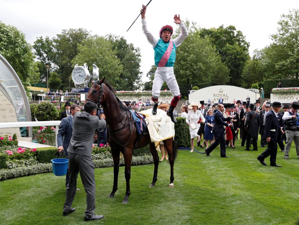  Dettori doing his buckaroo impression after Calyx bolted up in race two on the opening day