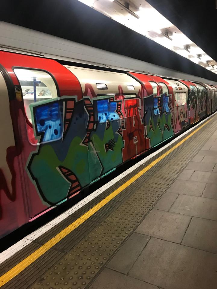  The colourful 10ft-long mural was sprayed along the side of a Victoria line tube train